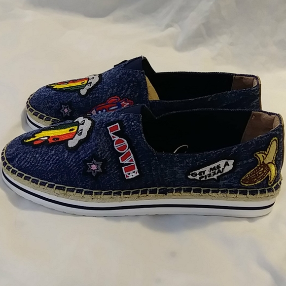 Denim Slip On Espadrille "LOVE" "GET ME A PIZZA" - Picture 8 of 11